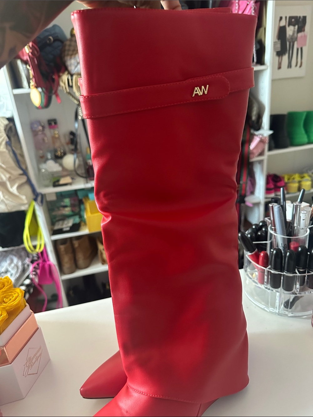 AW Red Knee-High Pointed-Toe Heeled Boots - Picture 3 of 3